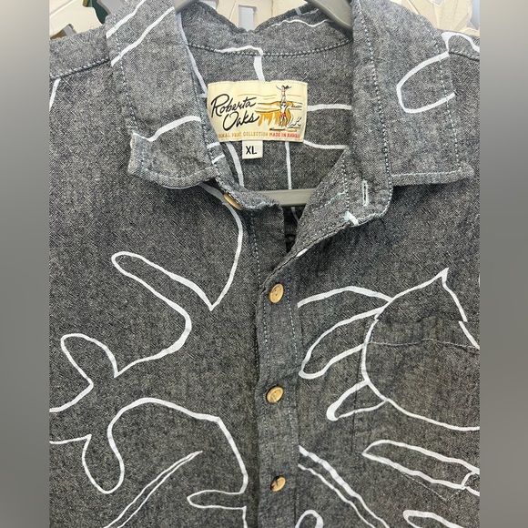 Roberta Oaks abstract monstera grey linen men’s button up aloha shirt. Size XL - Picture 1 of 13